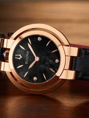 Bulova Women’s Rubaiyat Black Leather Strap Bezel Watch